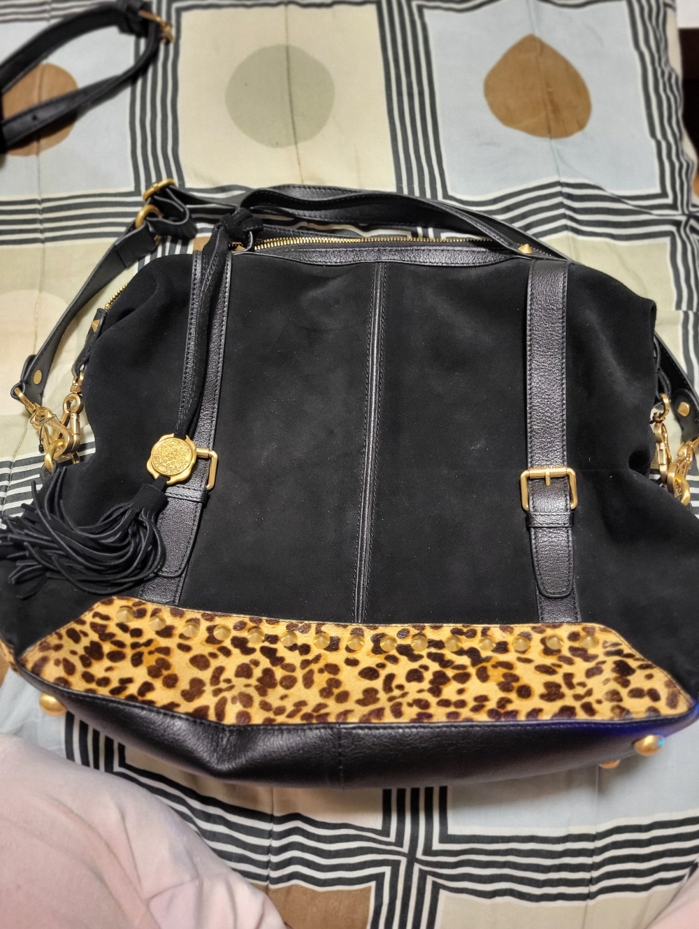 Vince Camuto Black Suede Crossbody with Leopard Accent